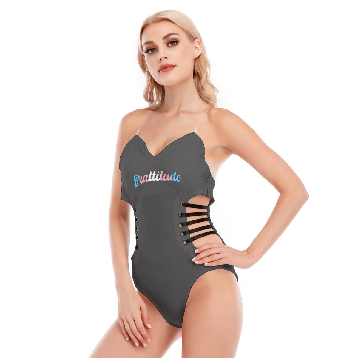 Brattitude Trans Flag Black Strap Bodysuit