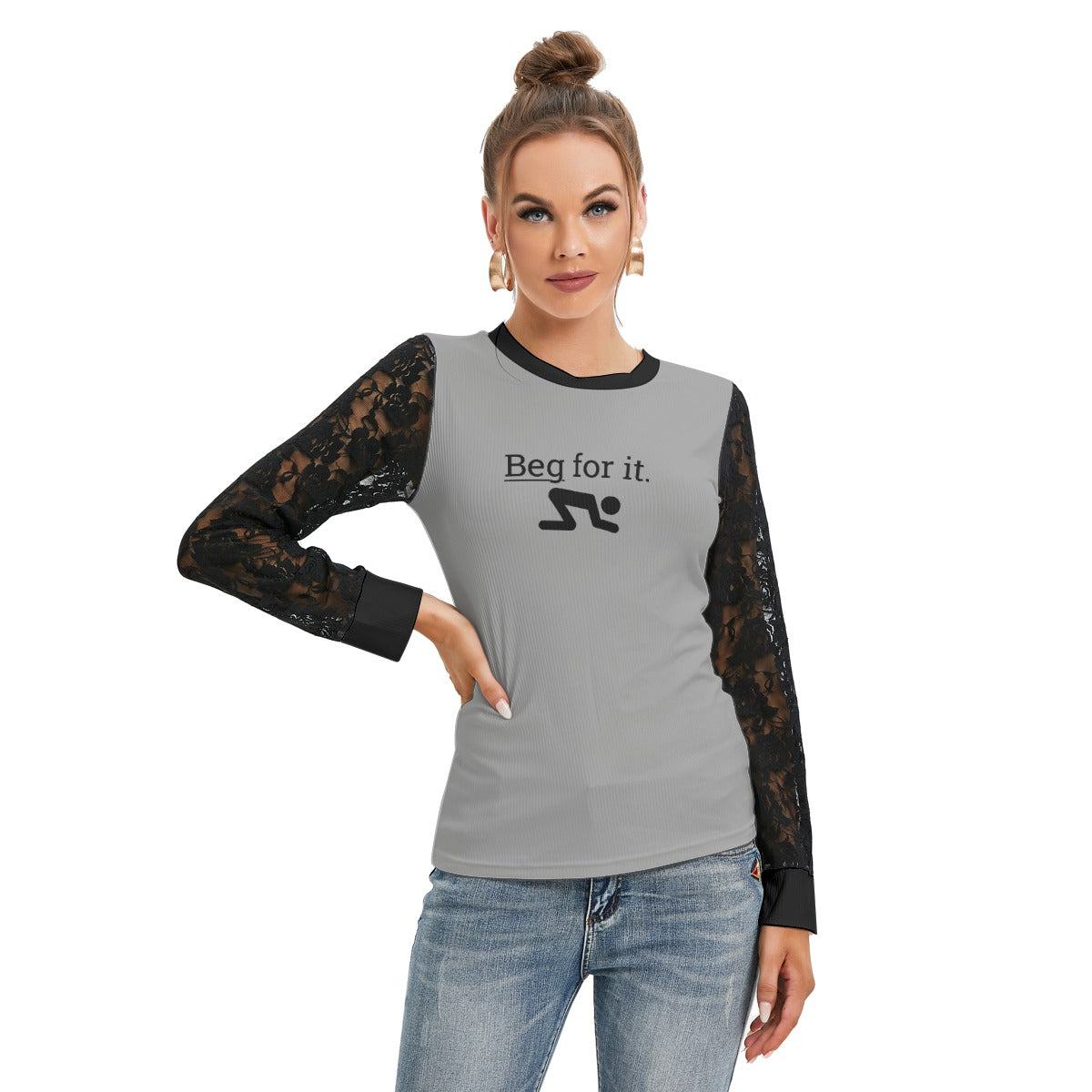 Beg For It Black-Laced Long Sleeve T-shirt